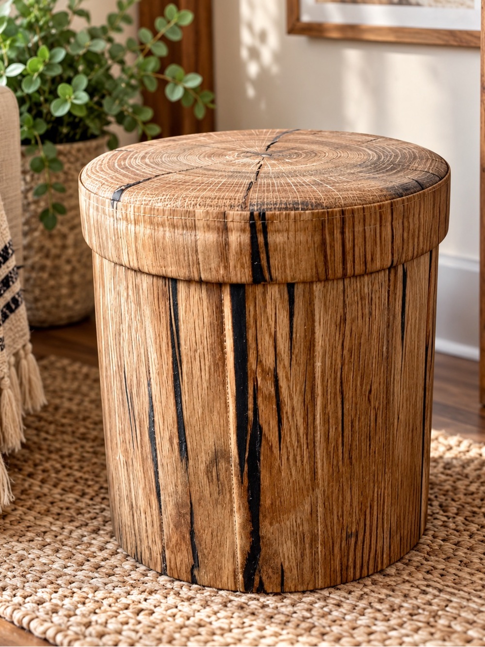 Woodgrain imitation Round Accent Stool with Storage - Natural Brown